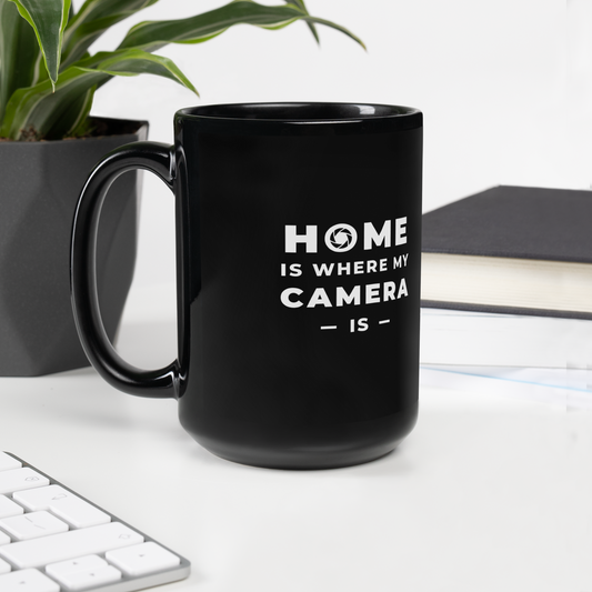 Black Glossy Mug || Home is where my camera is || Filipe Santos -Art Shop